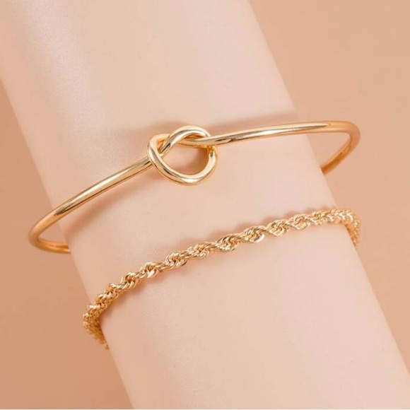 BOGO! Set of 2 stacking bracelets in Gold color Knot cuff and chain NEW Boutique - Picture 3 of 6